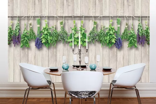 Deszkafal fűszernövényekkel poszter, fotótapéta, Vlies (104 x 70,5 cm)