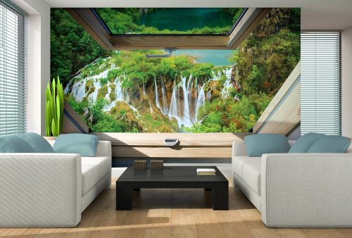 Vízesésre néző ablak poszter, fotótapéta Vlies (208 x 146 cm)