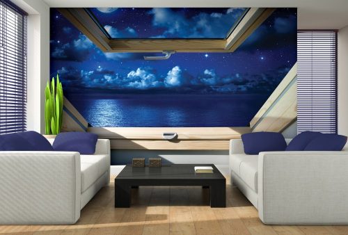 Éjszakai tengerre néző ablak  poszter, fotótapéta, Vlies (104 x 70,5 cm)