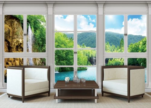 Vízesésre néző ablak poszter, fotótapéta Vlies (254 x 184 cm)