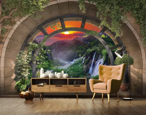 Kilátás a vízesésre a boltíven át poszter, fotótapéta, Vlies (104 x 70,5 cm)