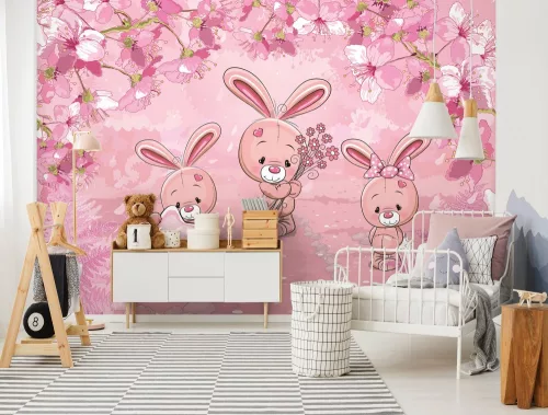 Rózsaszín nyuszik poszter, fotótapéta, Vlies (104 x 70,5 cm)