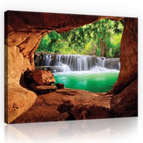   Vászonkép, Barlangból, kilátás az erdei vízesésre 80x60 cm méretben