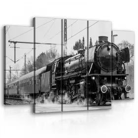   Vászonkép, 5 darabos Gőzmozdony fekete-fehér 150x100 cm méretben