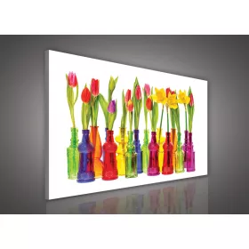   Vászonkép, Virágok színes üvegekben, 100x75 cm méretben