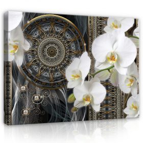   Vászonkép, Orchidea mandala háttérmintával 80x60 cm méretben