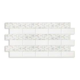   3D PVC falpanel Fehér és virágos csempe minta , fényes fehér, drapp, kék, fekete levelek.