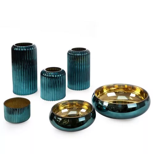 Nela üveg gyertyatartó Sötét türkiz/arany 12x8 cm