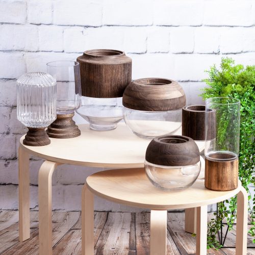 Grace1 08 dekoratív gömb váza üvegből és fából Fehér/barna 25x23 cm