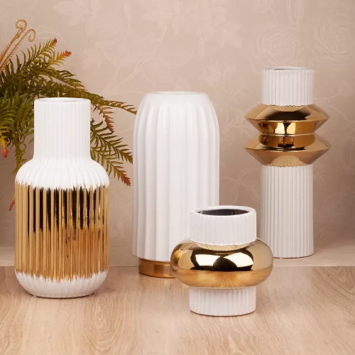 Mona 02 kerámia váza Fehér/arany 16x16x33 cm
