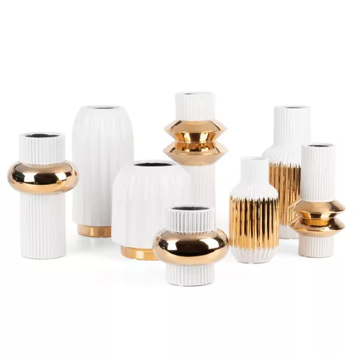 Mona 08 kerámia váza Fehér/arany 16x16x32 cm