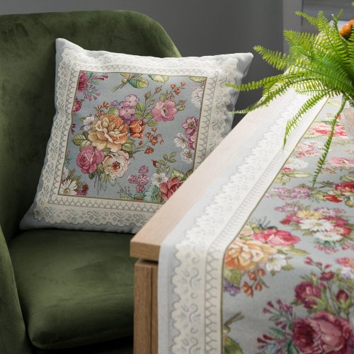 Virágmotívumokkal díszített gobelin párnahuzat Szürke/rózsaszín 45x45 cm +/-5%
