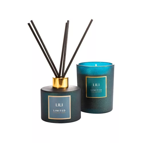 Lili illatos gyertya dekorüvegben Sötét türkiz 200g