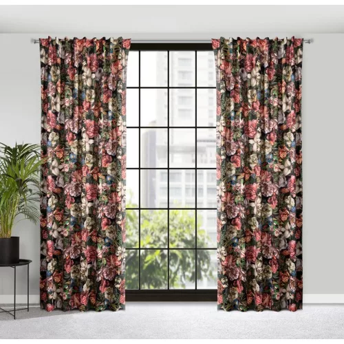 Peonia bársony sötétítő függöny festett virág mintával Burgundi vörös 140x270 cm