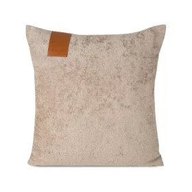   Zsenília párnahuzat feliratos bőr címkével Bézs 45x45 cm