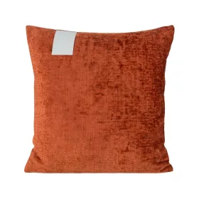   Zsenília párnahuzat feliratos bőr címkével Téglavörös 45x45 cm
