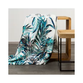   Pilar plüss takaró egzotikus levélmintával Fehér/türkiz/gránátkék 150x200 cm