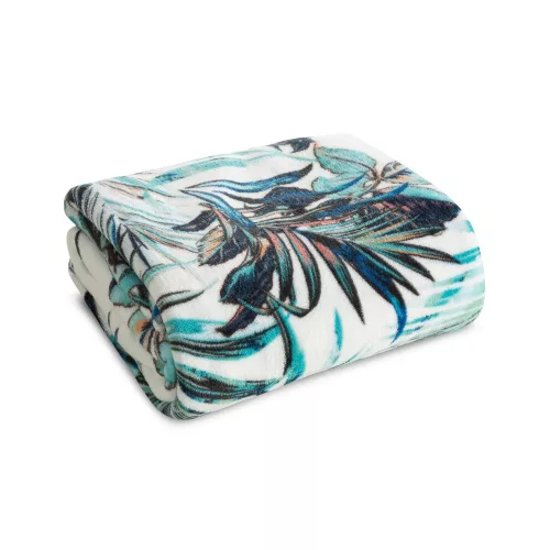Pilar plüss takaró egzotikus levélmintával Fehér/türkiz/gránátkék 150x200 cm