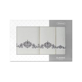   Liliana 3db-os hímzett törölköző szett lótusz virággal Krémszín/grafit