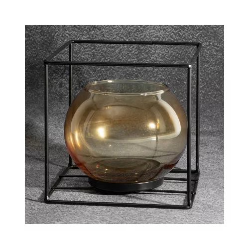 Üveg gyertyatartó fém keretben Fekete/sötét arany 17x17x17 cm