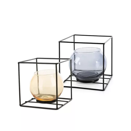 Üveg gyertyatartó fém keretben Fekete/sötét arany 17x17x17 cm