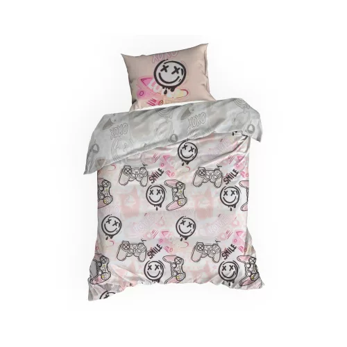 Gamer gyermek pamut ágyneműhuzat Fehér/rózsaszín 160x200 cm - 70x80 cm 2db
