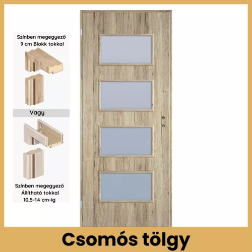 Csomós tölgy Merano MDF üveges beltéri ajtó blokk vagy állítható tokkal – PrimeGallery