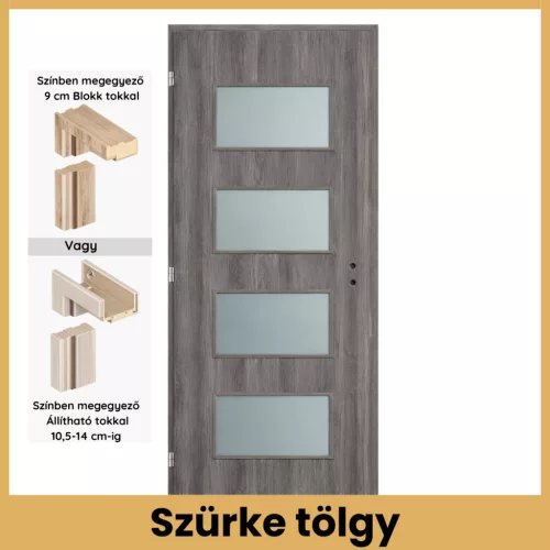 Szürke tölgy Merano MDF üveges beltéri ajtó blokk vagy állítható tokkal – PrimeGallery