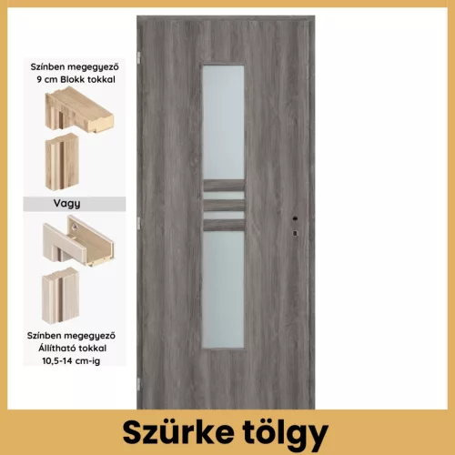 Szürke tölgy Nida2 MDF üveges beltéri ajtó blokk vagy állítható tokkal – PrimeGallery