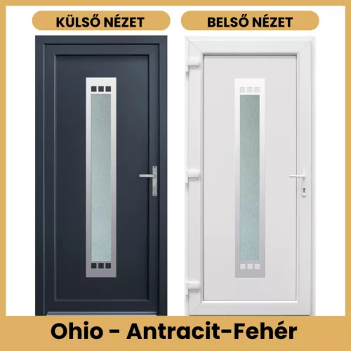 Ohio antracit-fehér műanyag bejárati ajtó inox üveges betéttel 98x208 cm – PrimeGallery