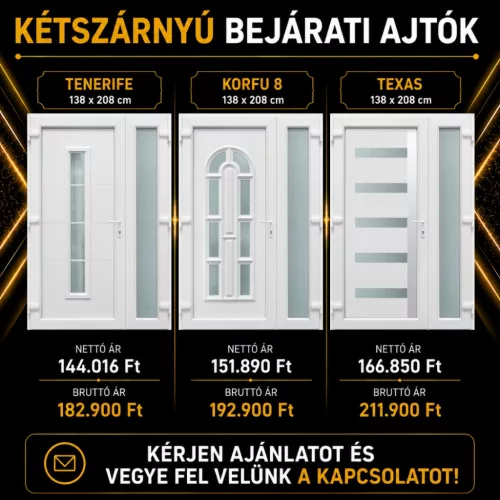 CanDo Tenerife Korfu 8 Texas kétszárnyú PVC bejárati ajtók 138x208 cm árak és méretek
